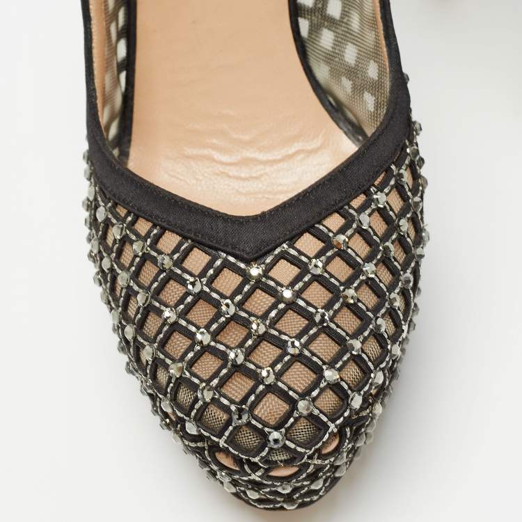 Pre Owned Valentino Black Satin and Leather  Crystal Embellished Pumps Size 37.5  