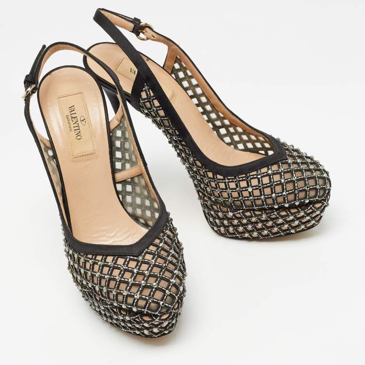 Pre Owned Valentino Black Satin and Leather  Crystal Embellished Pumps Size 37.5  