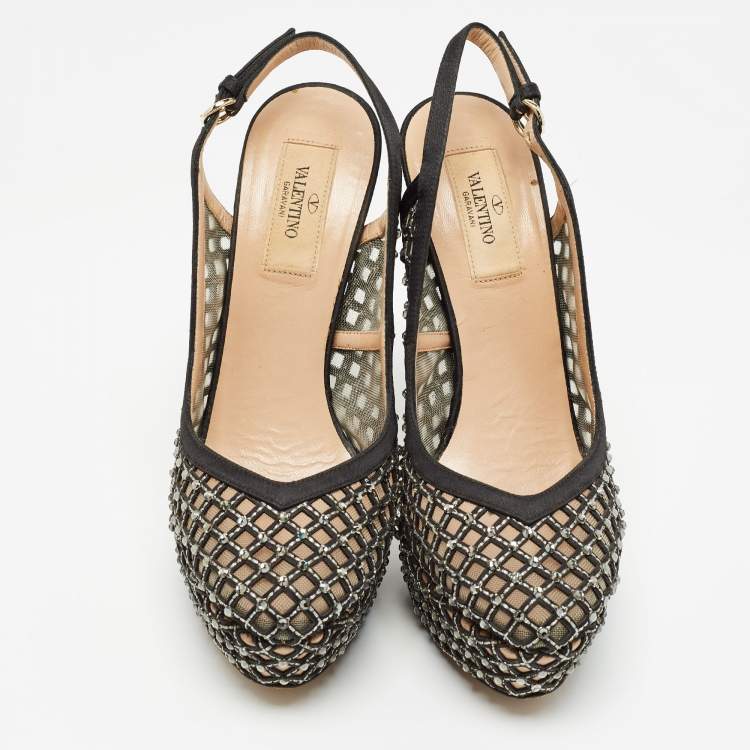 Pre Owned Valentino Black Satin and Leather  Crystal Embellished Pumps Size 37.5  