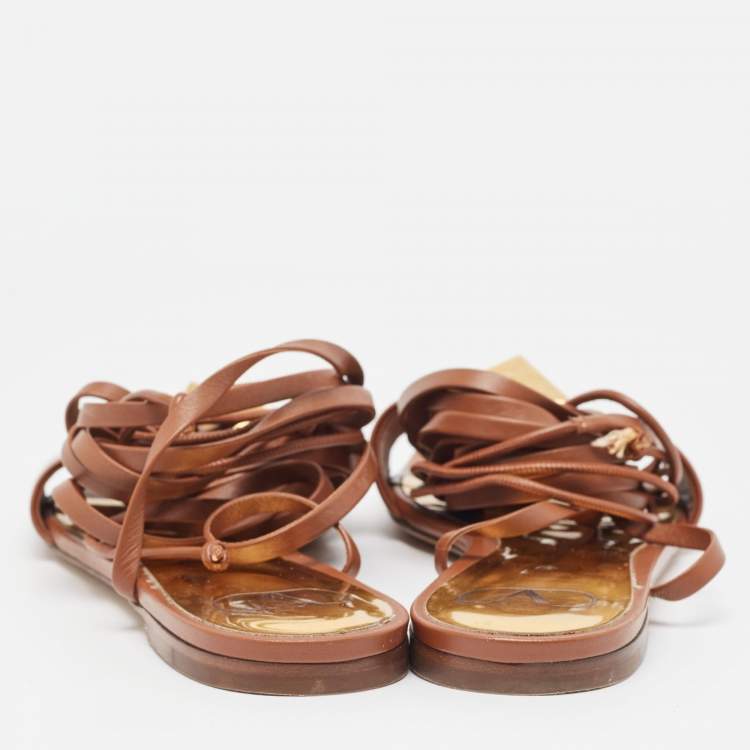 Pre Owned Valentino Brown Leather One Stud Wrap Around Flat Sandals Size 39
