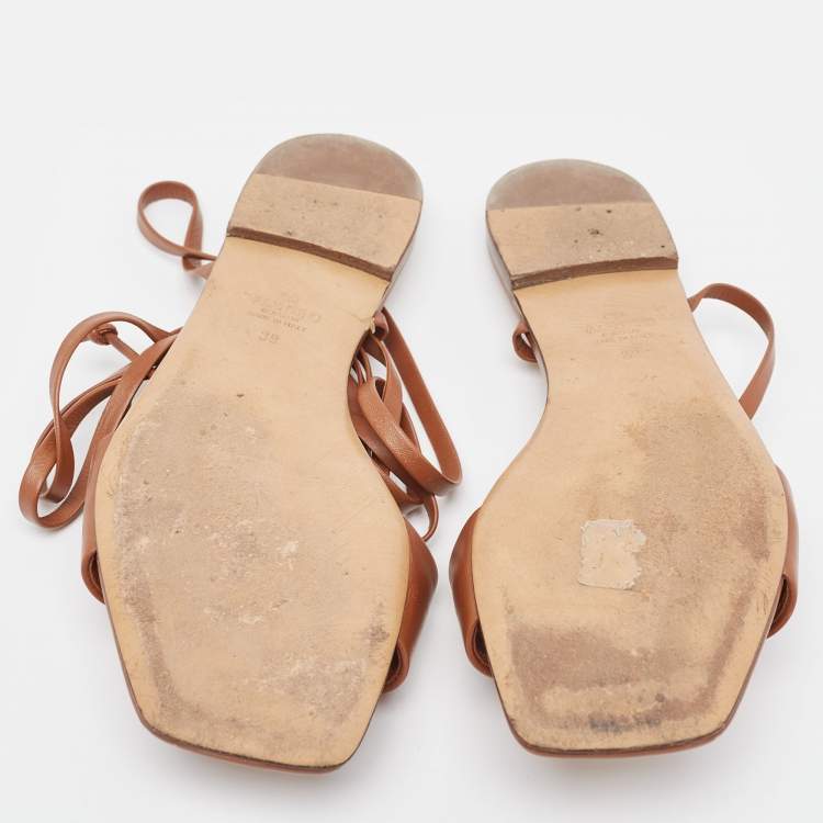 Pre Owned Valentino Brown Leather One Stud Wrap Around Flat Sandals Size 39