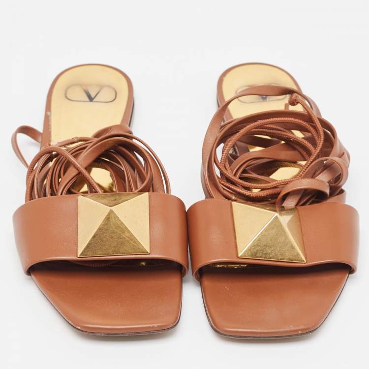 Pre Owned Valentino Brown Leather One Stud Wrap Around Flat Sandals Size 39