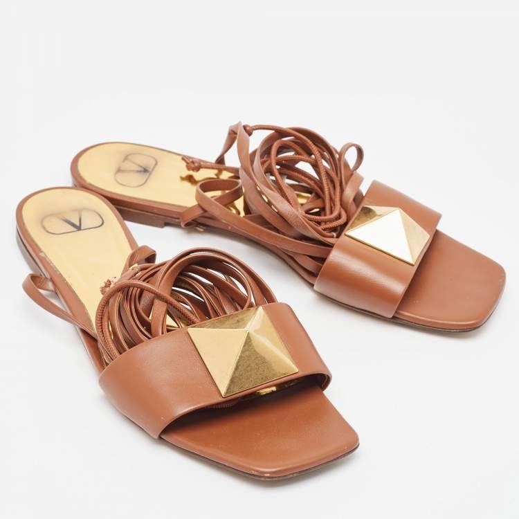 Pre Owned Valentino Brown Leather One Stud Wrap Around Flat Sandals Size 39