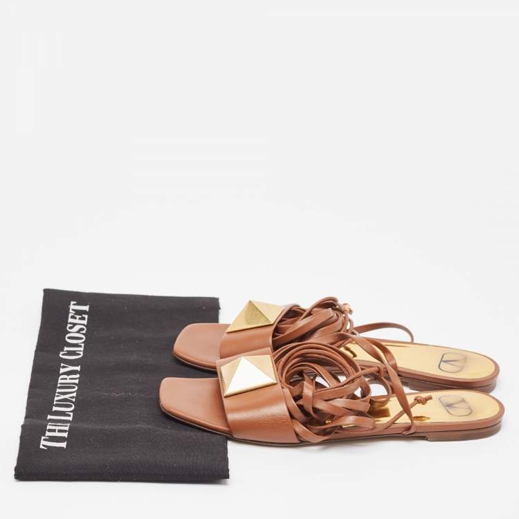 Pre Owned Valentino Brown Leather One Stud Wrap Around Flat Sandals Size 39