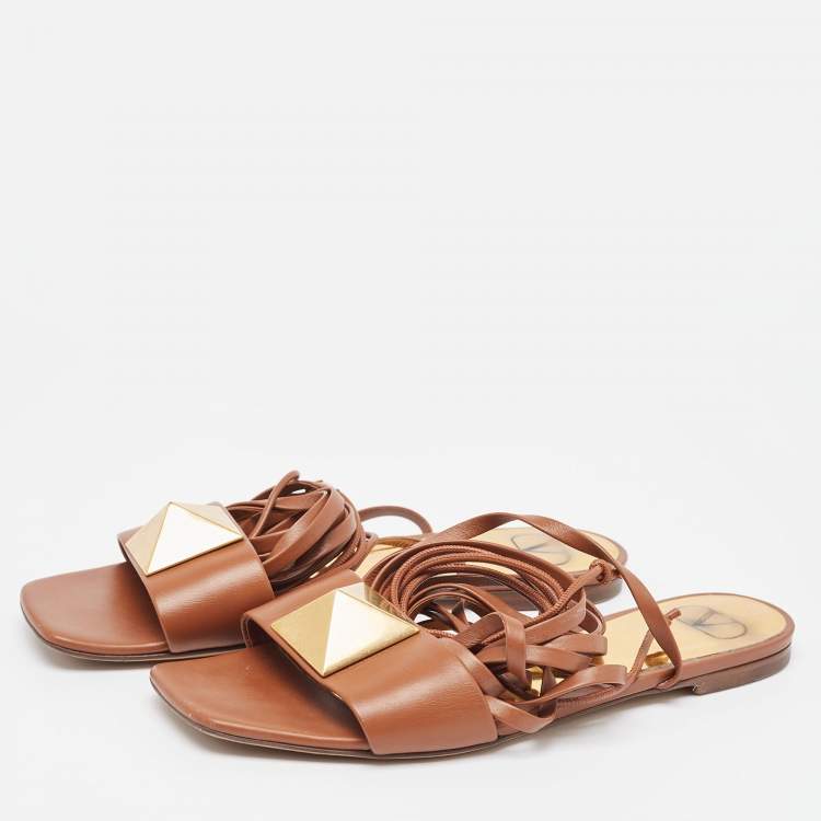 Pre Owned Valentino Brown Leather One Stud Wrap Around Flat Sandals Size 39