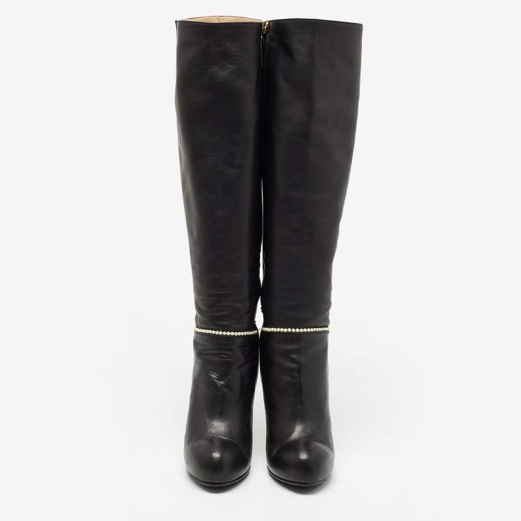 Pre Owned Valentino Black Leather Knee Length Boots Size 38