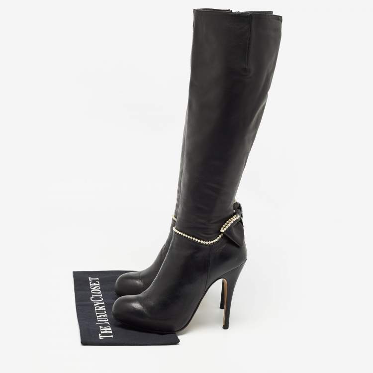 Pre Owned Valentino Black Leather Knee Length Boots Size 38