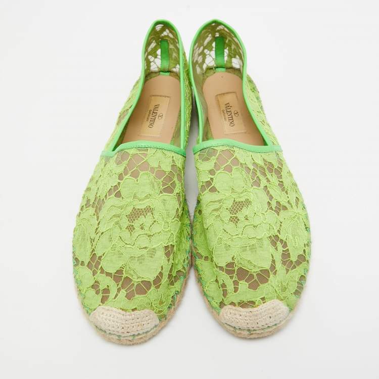 Pre Owned Valentino Green Mesh and Lace Espadrille Flats Size 40