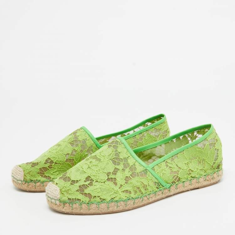 Pre Owned Valentino Green Mesh and Lace Espadrille Flats Size 40