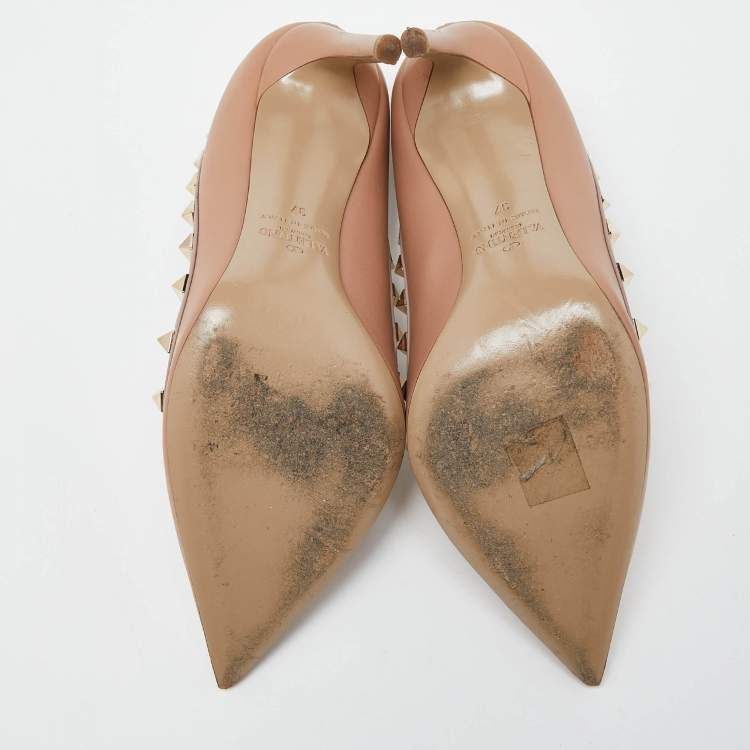 Pre Owned Valentino Beige Leather Rockstud Pointed Toe Pumps Size 37