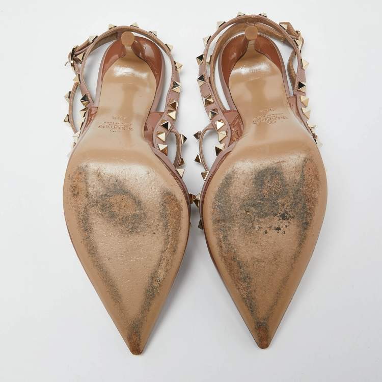 Pre Owned Valentino Brown/Pink Patent and Leather Rockstud Ankle Strap Sandals Size 38.5 