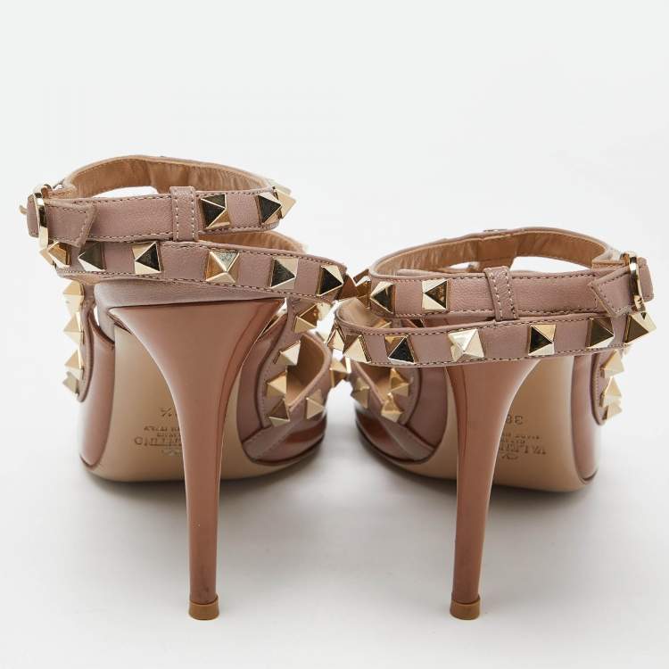 Pre Owned Valentino Brown/Pink Patent and Leather Rockstud Ankle Strap Sandals Size 38.5 