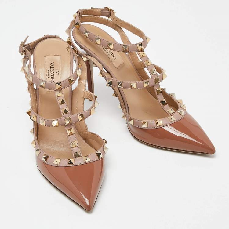 Pre Owned Valentino Brown/Pink Patent and Leather Rockstud Ankle Strap Sandals Size 38.5 