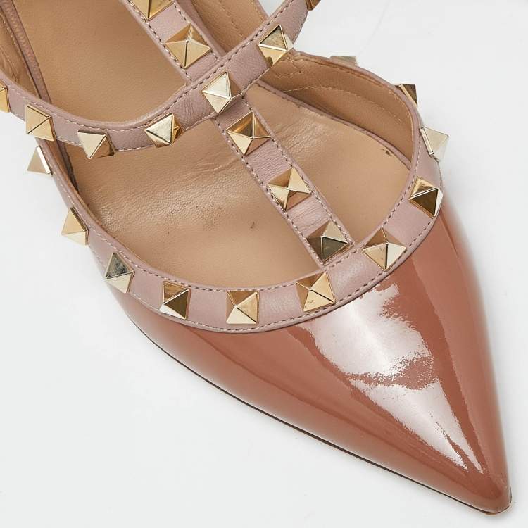 Pre Owned Valentino Brown/Pink Patent and Leather Rockstud Ankle Strap Sandals Size 38.5 