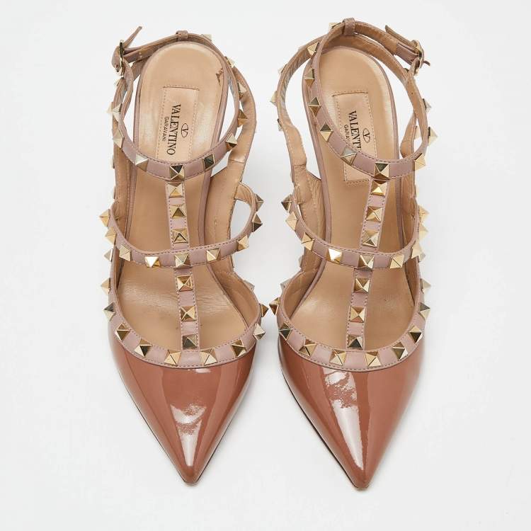 Pre Owned Valentino Brown/Pink Patent and Leather Rockstud Ankle Strap Sandals Size 38.5 