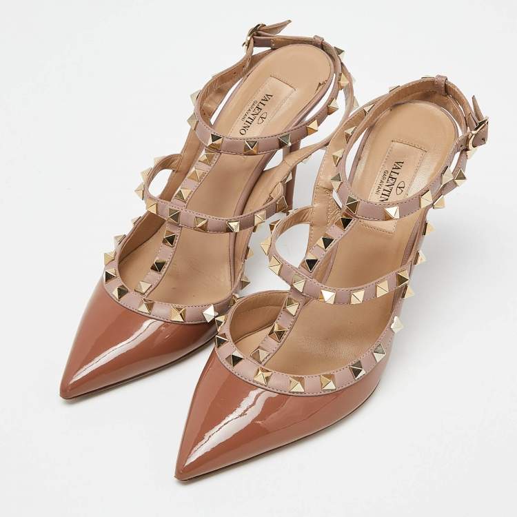 Pre Owned Valentino Brown/Pink Patent and Leather Rockstud Ankle Strap Sandals Size 38.5 
