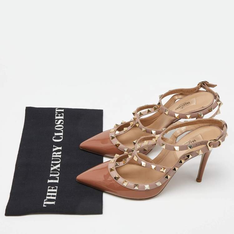 Pre Owned Valentino Brown/Pink Patent and Leather Rockstud Ankle Strap Sandals Size 38.5 