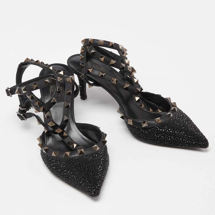 Pre Owned Valentino Black Leather Crystal Embellished Rockstud Ankle Strap Sandals Size 38
