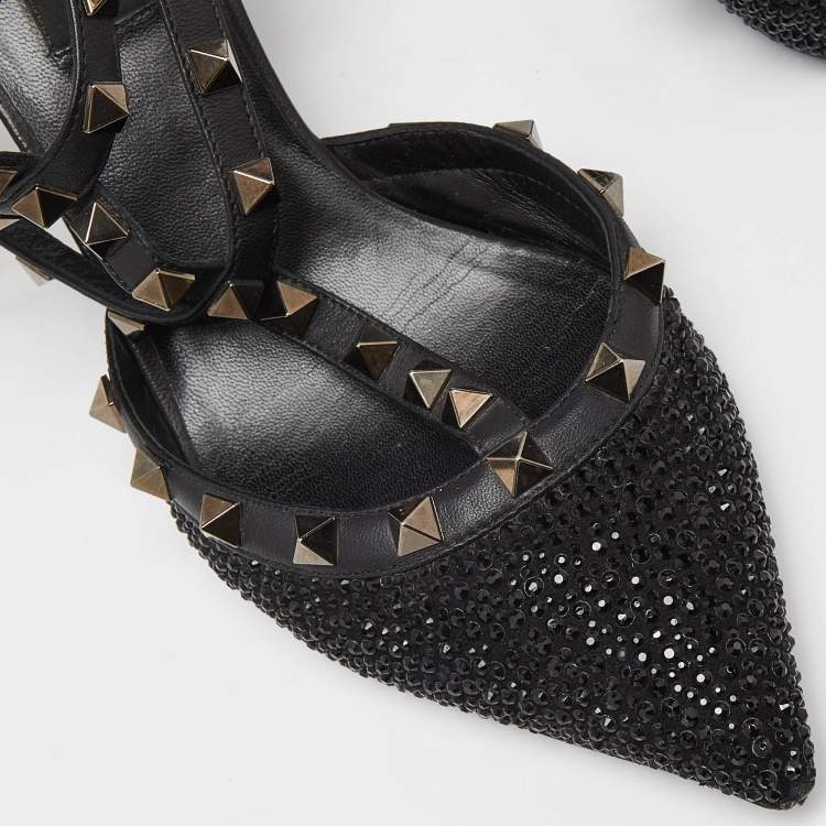 Pre Owned Valentino Black Leather Crystal Embellished Rockstud Ankle Strap Sandals Size 38