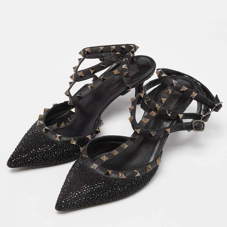 Pre Owned Valentino Black Leather Crystal Embellished Rockstud Ankle Strap Sandals Size 38