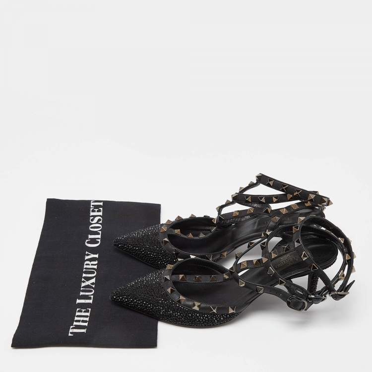 Pre Owned Valentino Black Leather Crystal Embellished Rockstud Ankle Strap Sandals Size 38