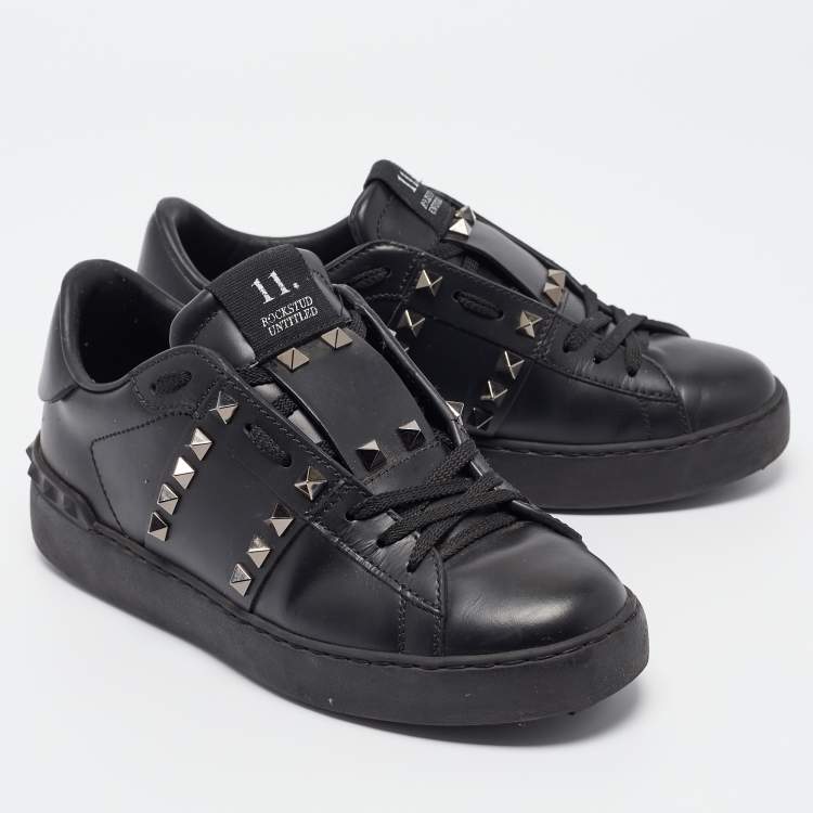 Pre Owned Valentino Black Leather Rockstud Low Top Sneakers Size 36.5