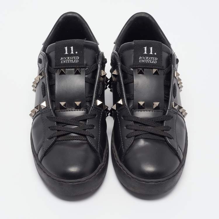 Pre Owned Valentino Black Leather Rockstud Low Top Sneakers Size 36.5