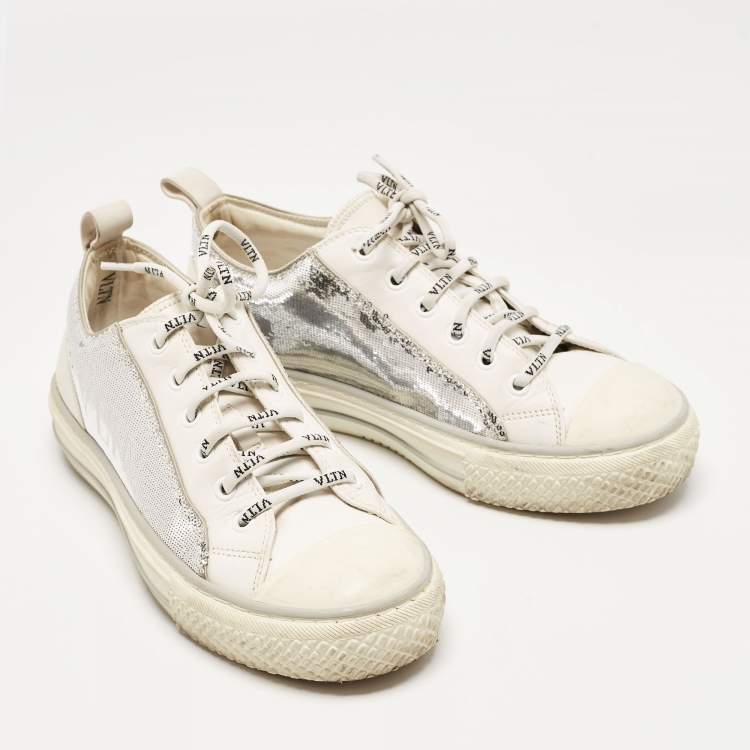 Pre Owned Valentino Silver/White Leather and Sequins Lace Up Sneakers Size  36