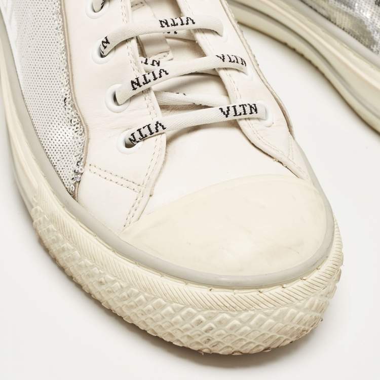 Pre Owned Valentino Silver/White Leather and Sequins Lace Up Sneakers Size  36