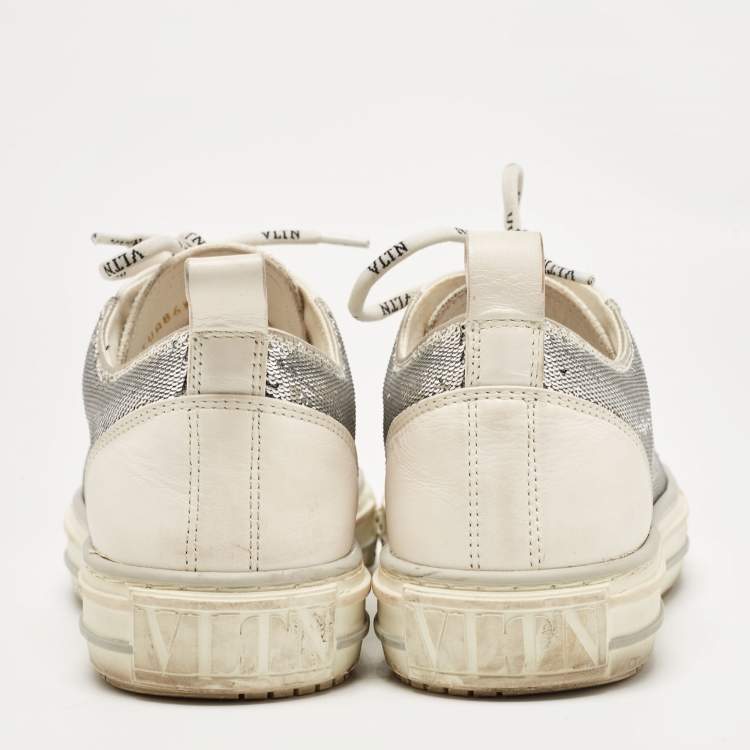 Pre Owned Valentino Silver/White Leather and Sequins Lace Up Sneakers Size  36
