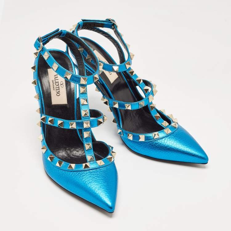Pre Owned Valentino Metallic Blue Leather Rockstud Ankle Strap Pumps Size 37.5