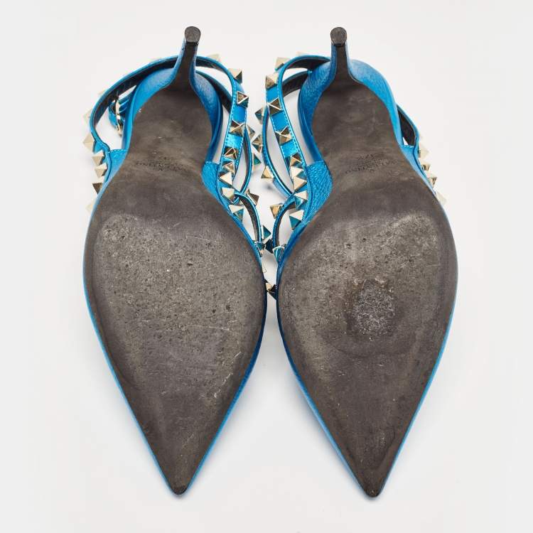 Pre Owned Valentino Metallic Blue Leather Rockstud Ankle Strap Pumps Size 37.5