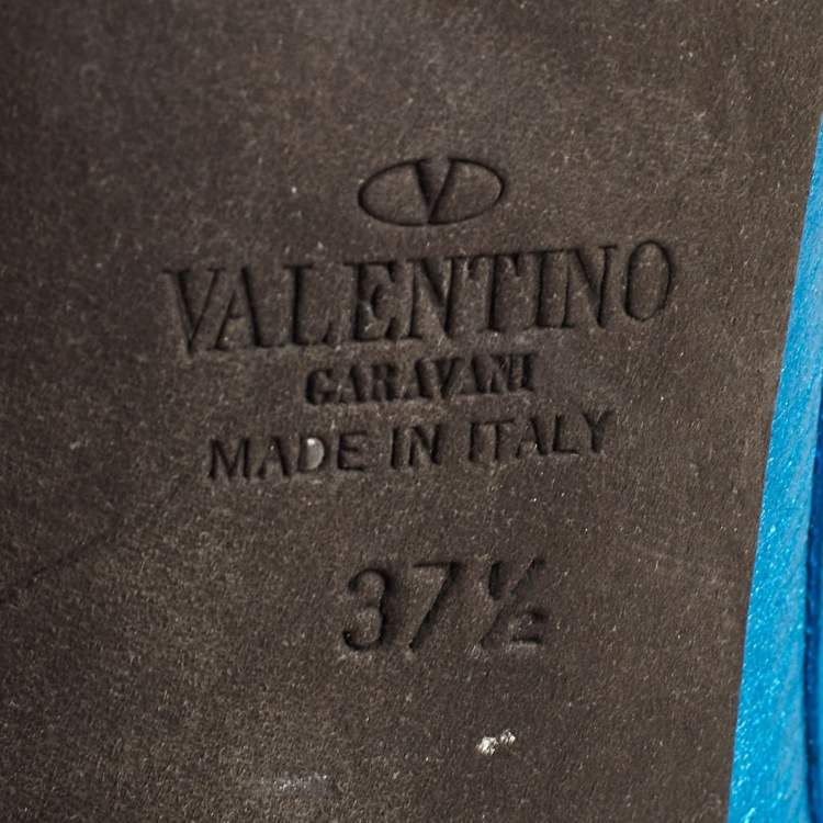 Pre Owned Valentino Metallic Blue Leather Rockstud Ankle Strap Pumps Size 37.5