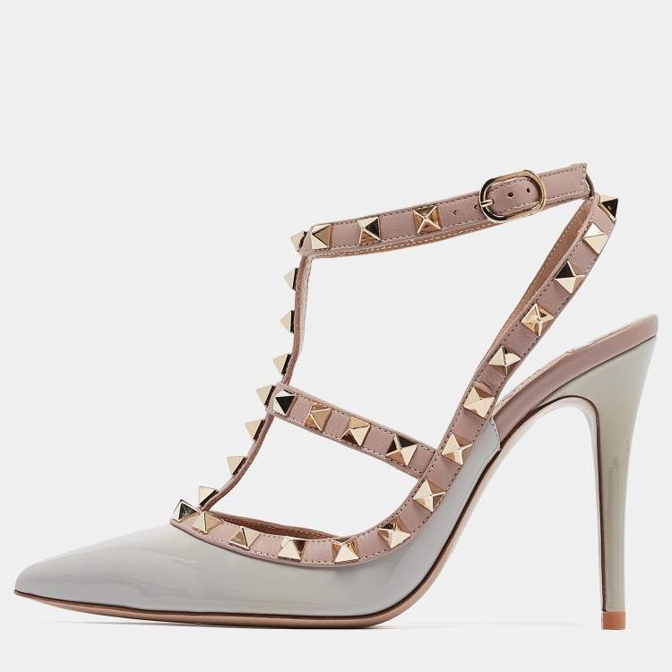 Pre Owned Valentino Grey/Pink Leather and Patent Rockstud Ankle-Strap Pumps Size 35