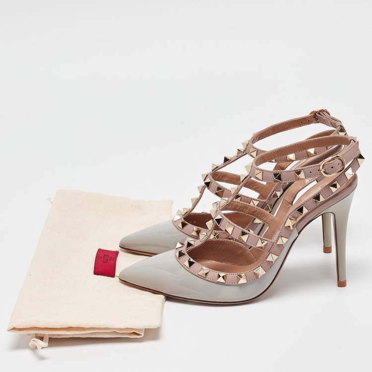 Pre Owned Valentino Grey/Pink Leather and Patent Rockstud Ankle-Strap Pumps Size 35