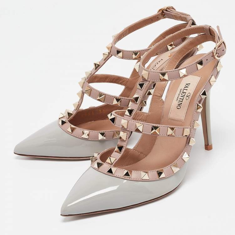 Pre Owned Valentino Grey/Pink Leather and Patent Rockstud Ankle-Strap Pumps Size 35