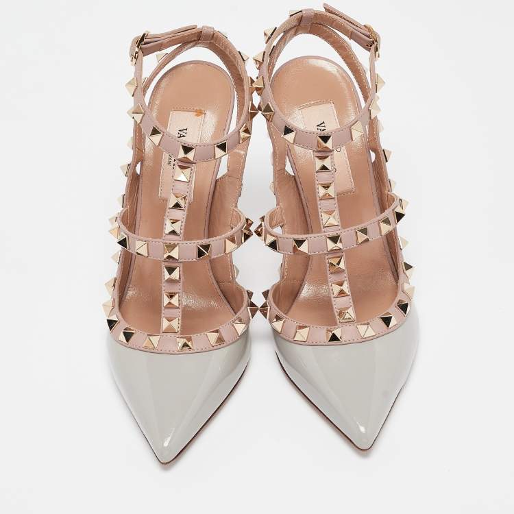 Pre Owned Valentino Grey/Pink Leather and Patent Rockstud Ankle-Strap Pumps Size 35
