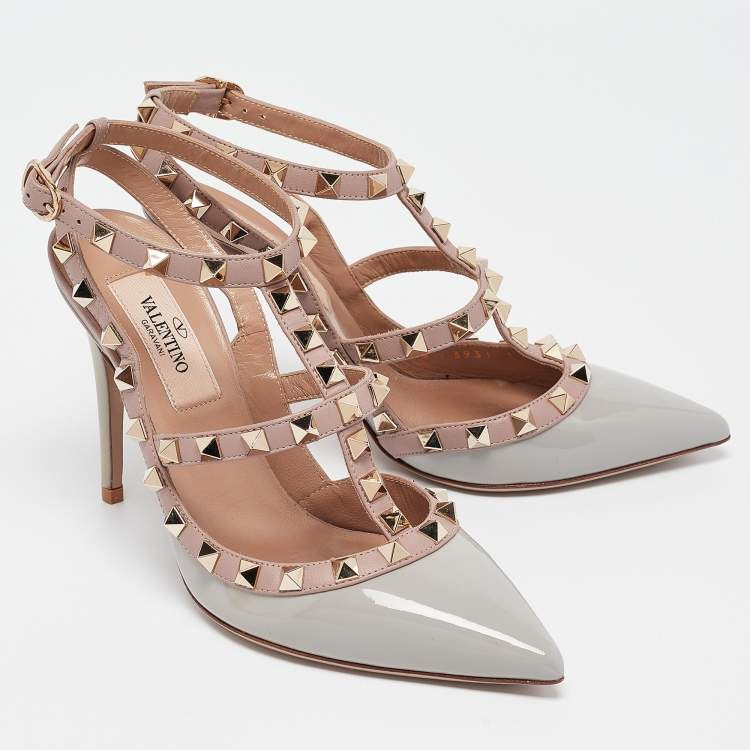 Pre Owned Valentino Grey/Pink Leather and Patent Rockstud Ankle-Strap Pumps Size 35