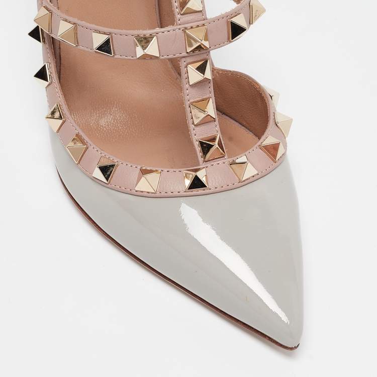 Pre Owned Valentino Grey/Pink Leather and Patent Rockstud Ankle-Strap Pumps Size 35