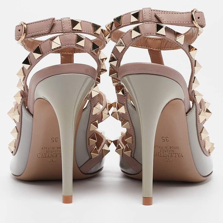 Pre Owned Valentino Grey/Pink Leather and Patent Rockstud Ankle-Strap Pumps Size 35