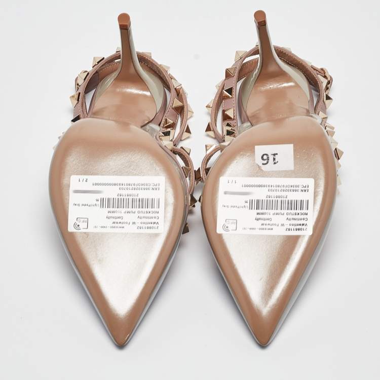 Pre Owned Valentino Grey/Pink Leather and Patent Rockstud Ankle-Strap Pumps Size 35