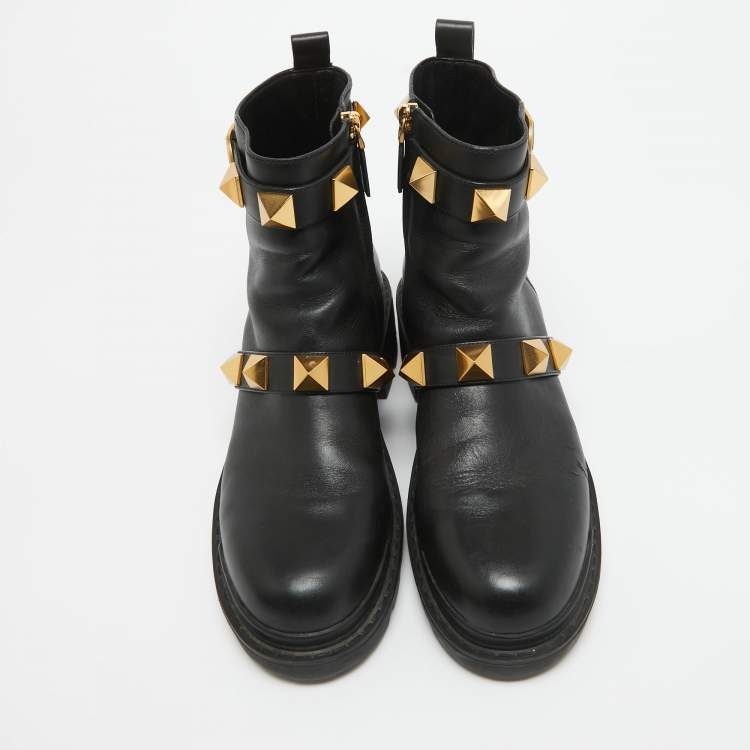 Pre Owned Valentino Black Leather Roman Stud Combat Boots Size 40