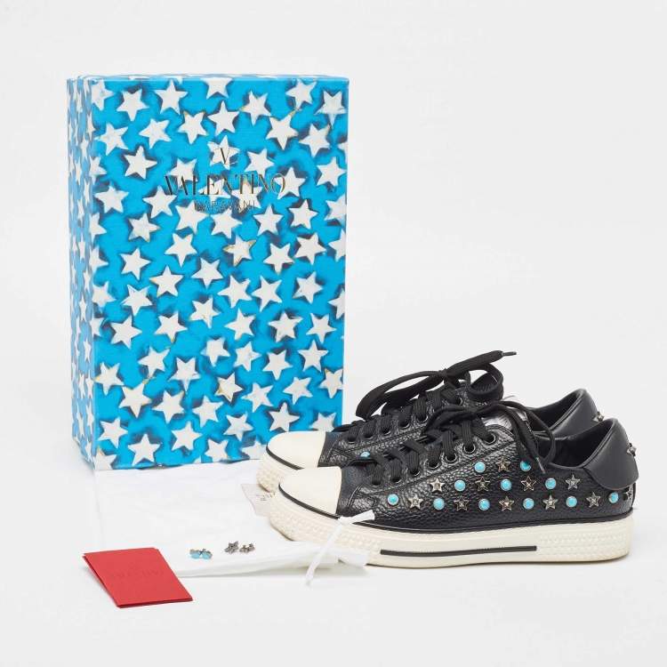 Pre Owned Valentino Black Leather Star Studded Low Top Sneakers Size 38