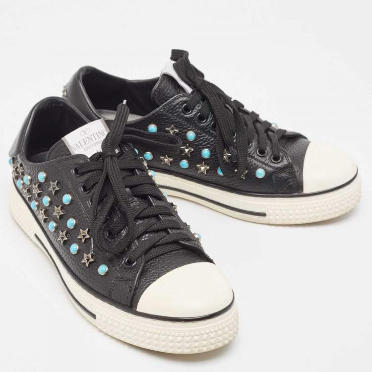 Pre Owned Valentino Black Leather Star Studded Low Top Sneakers Size 38