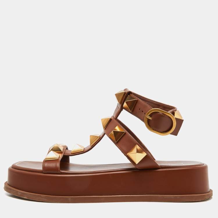 Pre Owned Valentino Brown Leather Roman Stud Strappy Flat Slides Size 40