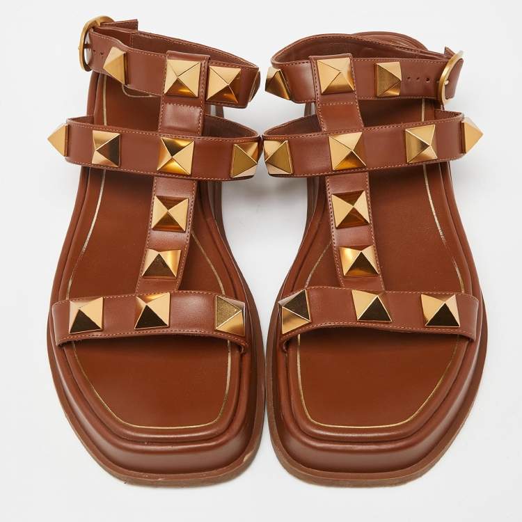 Pre Owned Valentino Brown Leather Roman Stud Strappy Flat Slides Size 40