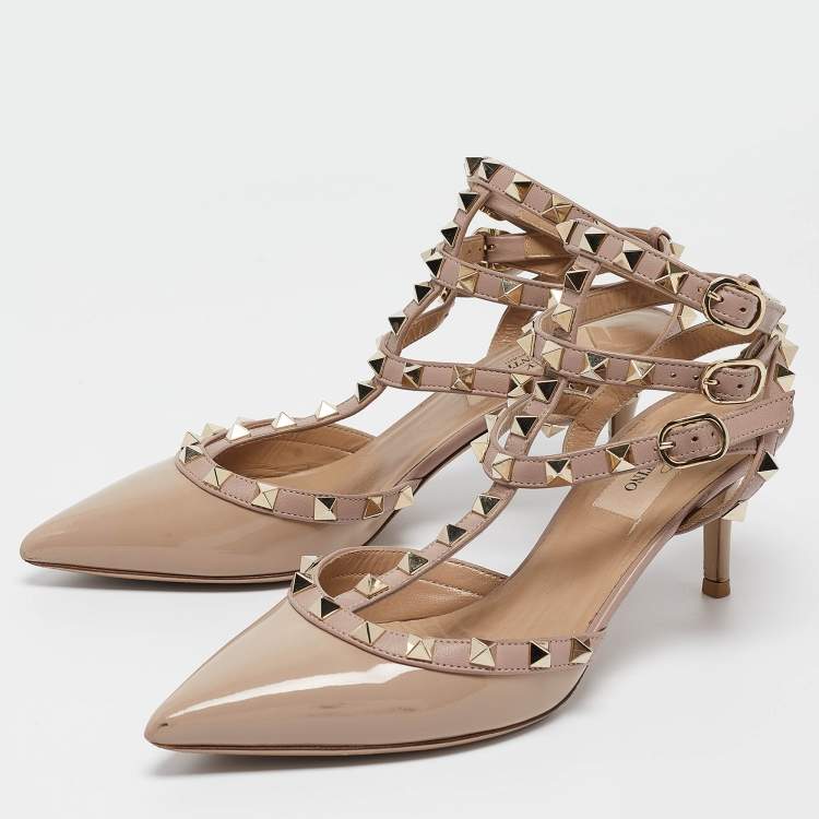 Pre Owned Valentino Dusty Pink Patent Leather Rockstud Ankle Strap Pumps Size 36.5