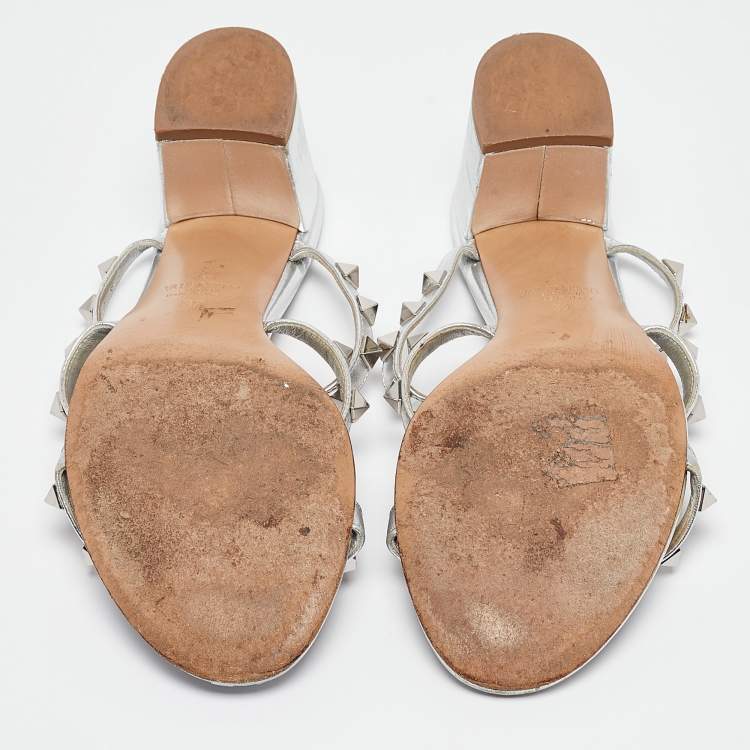 Pre Owned Valentino Silver Leather Rockstud Slide Sandals Size 37