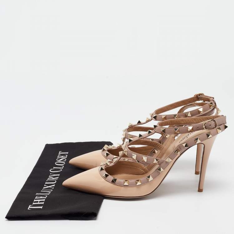 Pre Owned Valentino Beige Patent Leather Rockstud Ankle Strap Pumps Size 41