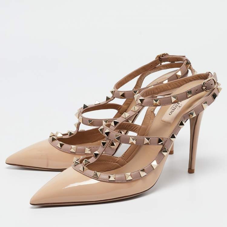Pre Owned Valentino Beige Patent Leather Rockstud Ankle Strap Pumps Size 41